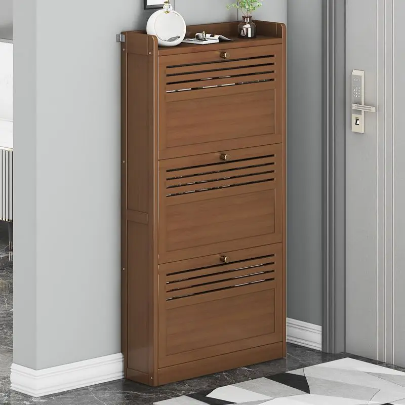 Shoe Cabinet Brown Bamboo Ultra Thin 3 Flip Drawers Slatted Breathable Door Shoe Storage Organizer For Entryway Hallway