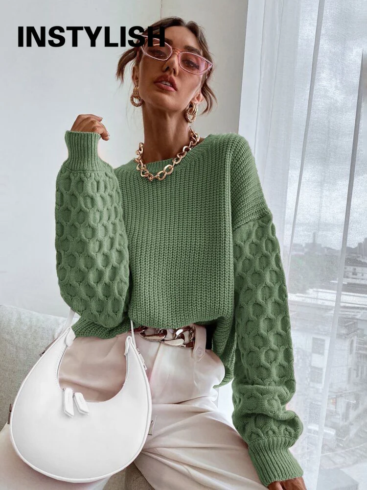 Women Vintage Lantern Sleeve Sweater Autumn O Neck Loose Pullover Elegant Harajuku Knitted Jumpers Casual Patchwork Knitting Top