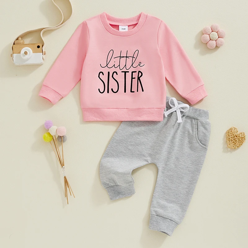 Baby and Sister Matching Outfits Letter Print Long Sleeve Pullover Sweatshirt Elastic Waist Pants for Fall Winter