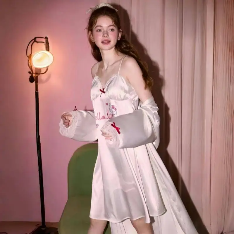 

Sanrio Новое женское платье для сна Hello Kitty Платье для сна Кружевное атласное платье на бретельках Супер фея Домашняя вечеринка Летняя ночная юбка Спальное платье