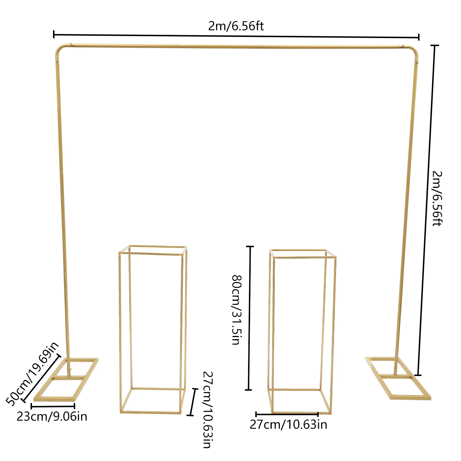 

Gold Metal Wedding Stand Set: 2×2m Balloon Stand + 2 Flower Stands (10.63×10.63×31.5in), 17.6/11lbs Load—Tool-Free Assembly