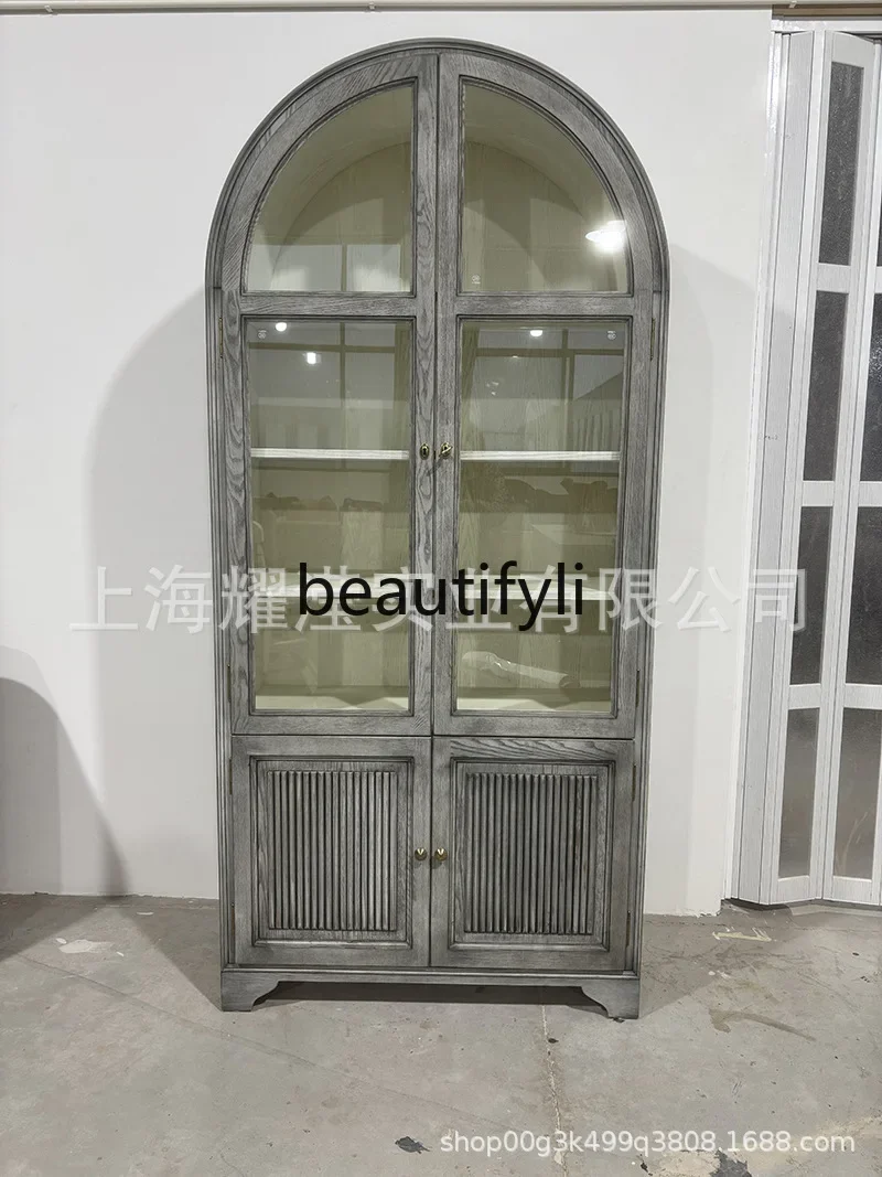 

Asmt52 American Light Luxury Solid Wood Red Oak Bookcase Nordic Sideboard Black Arched Decorative Bookshelf French Retro