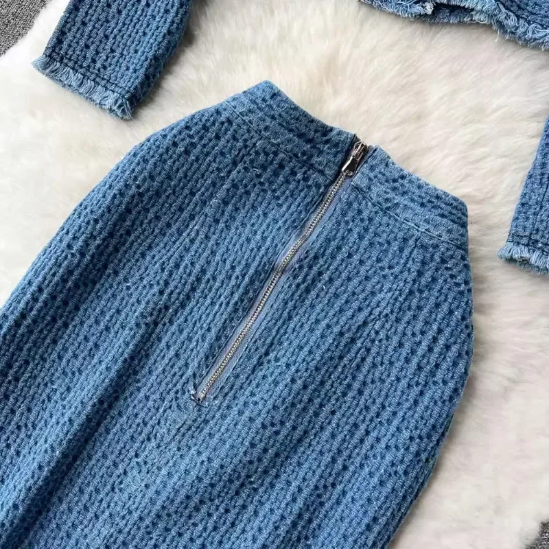 Denim Suit Women Raw Edge Long Sleeve Short Jeans Jacket + Split Midi Skirts Autumn Small Fragrance Style Two-piece Set