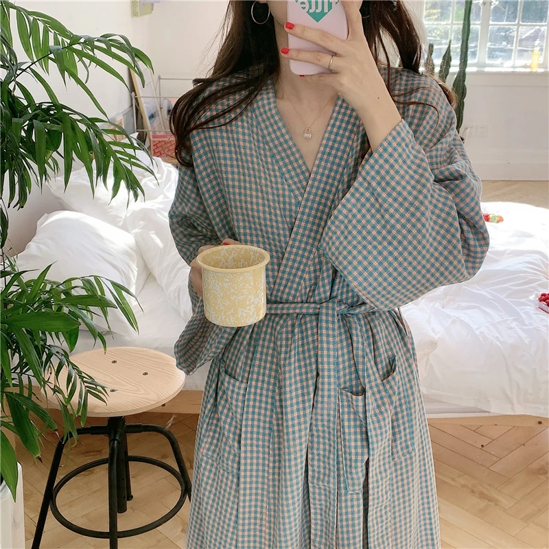 Fashion Robe De Chambre Pour Femme Spring Autumn Plaid Bathrobe Long Sleeve Kimono Homewear Girls Pijamas Bath Robe for Women