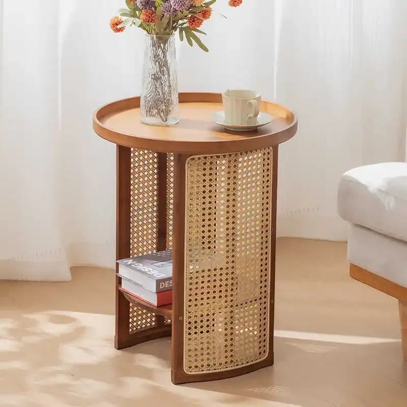 BP71 Creative Round Bamboo Tea Table, Sofa Side Table, Japanese Style Small Desk, Balcony Tea Table with Rattan Weave Feature