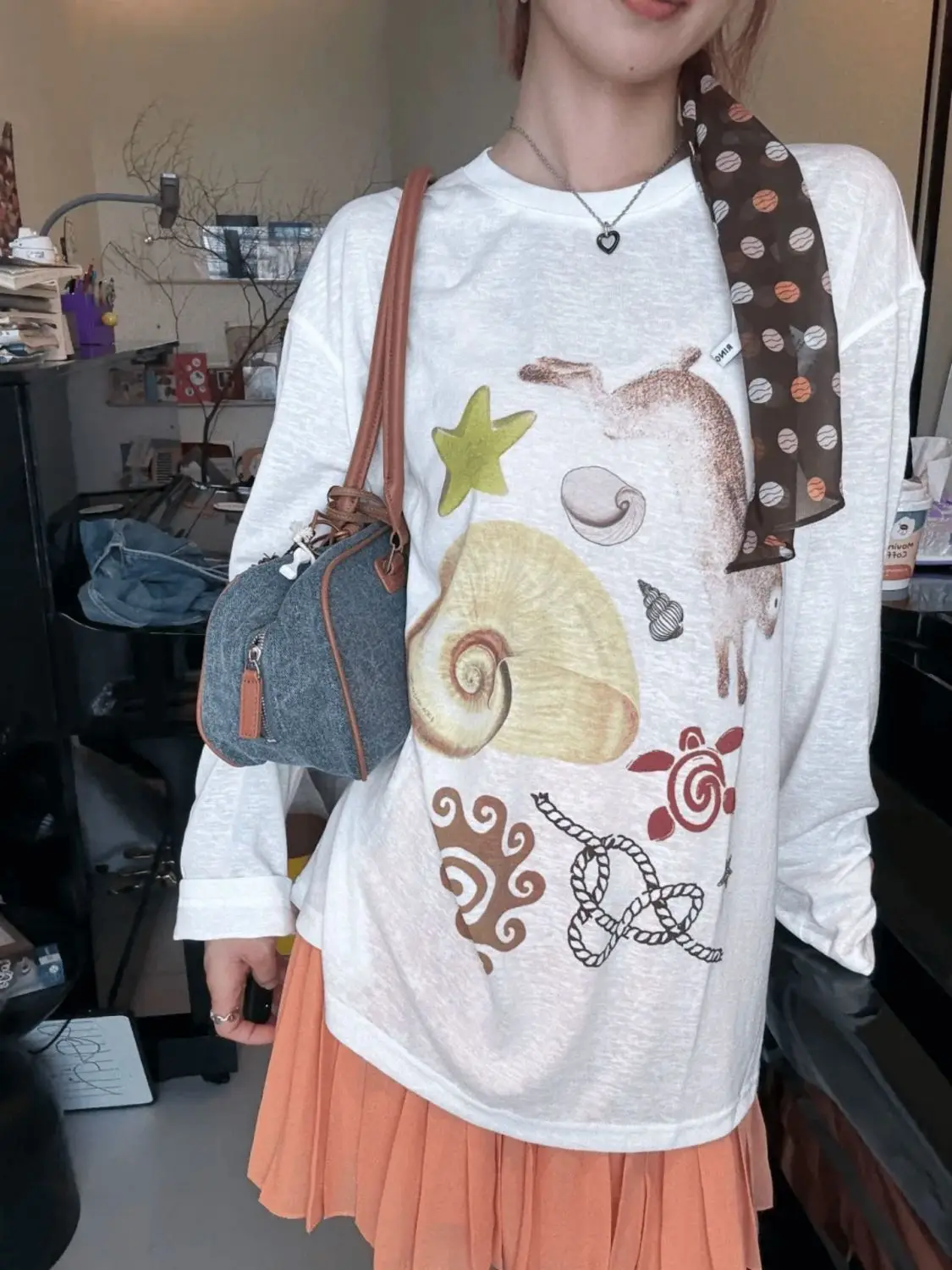 여름용 가볍고 헐렁한 긴팔 티셔츠 여성용 통기성 재미있는 패턴 프린트 캐주얼 선드레스 탑 하이웨이스트 디자인