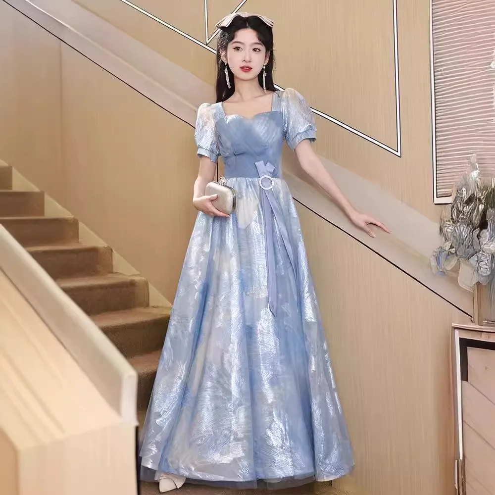 French Style Banquet Evening Dress For Women New Puff Sleeves Temperament Blue Graduation Dresses Exquisite Elegant Prom Gown