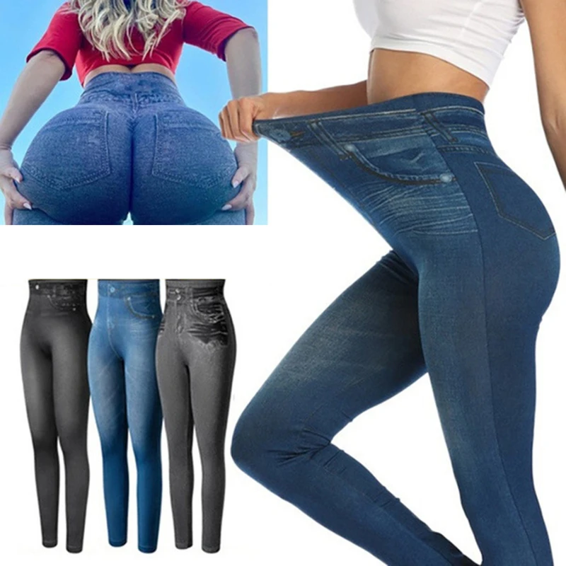 Leggings faux denim para mulheres, jeans de cintura alta, calça lápis skinny, moda fitness feminina, treino em corrida