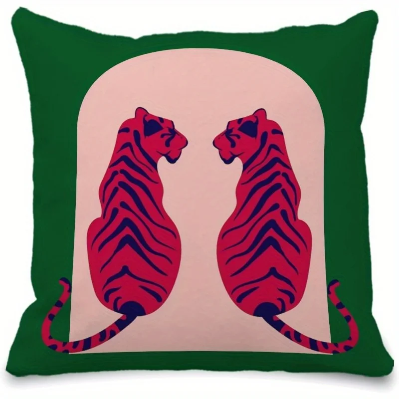 Green Pillow Cover Two Pink Tigers Facing Each Other Blue Stripes Arch Background Modern Art Print 18x18 Inch Square