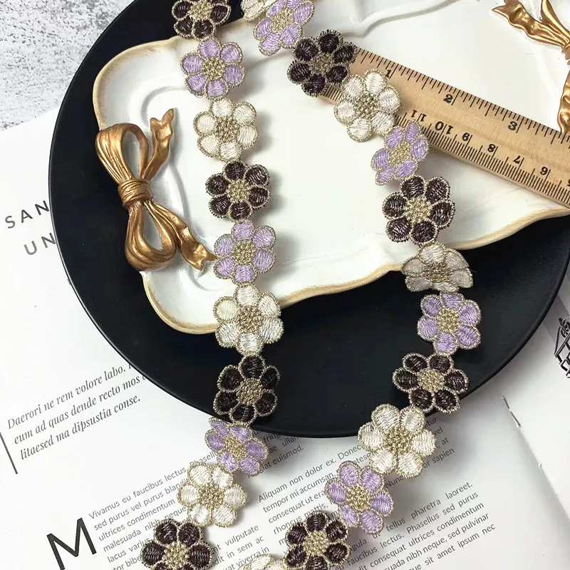 2CM Wide Luxury Polyester Embroidered Colored Flowers Lace Trim Ribbon Dress Collar Headwear Hats Bags Clothing DIY Sewing Decor
