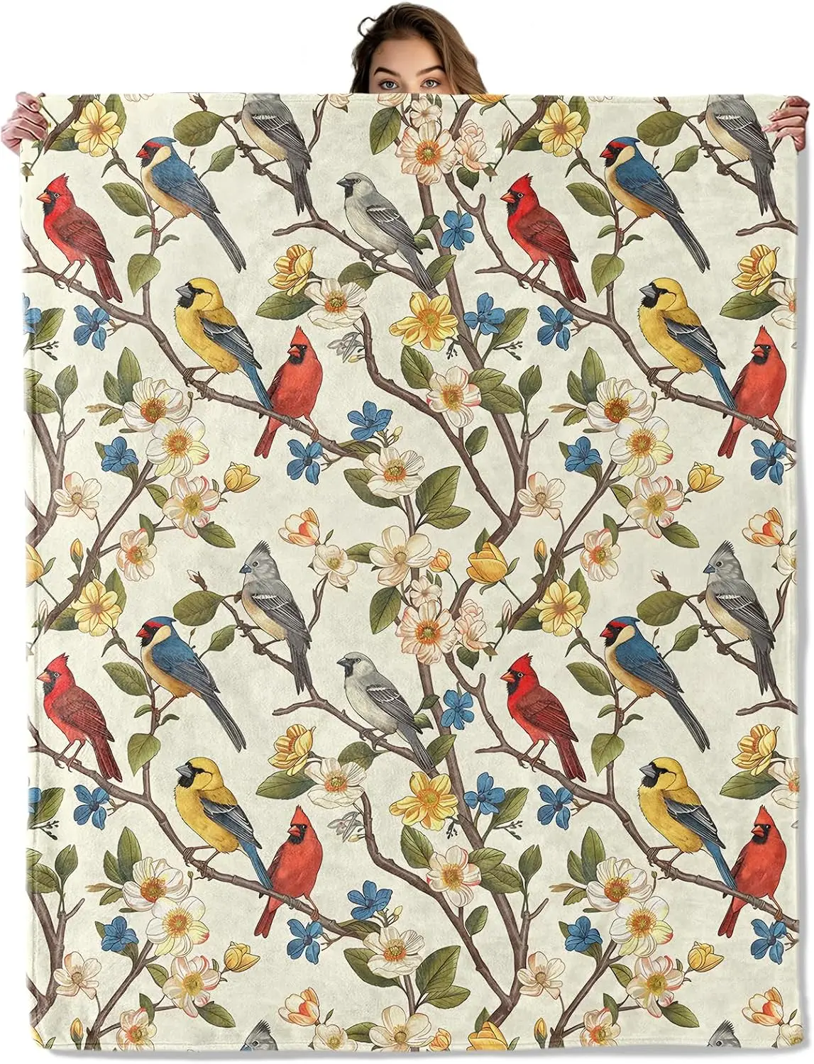 Vintage Botanical Multicolor Songbirds Spring Flower Branch Art Print Flannel Blanket Warm Throw for Couch Travel Balcony Home D
