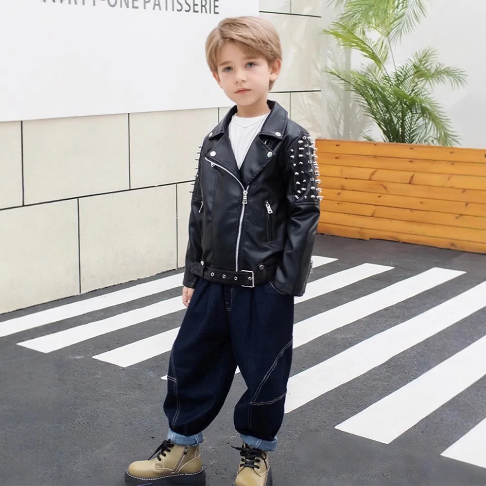 

Children Christmas Motorcycle Pu Leather Rivet Jacket Boys Girls New Year Waterproof Windproof Coat Kids Street Photography Wear