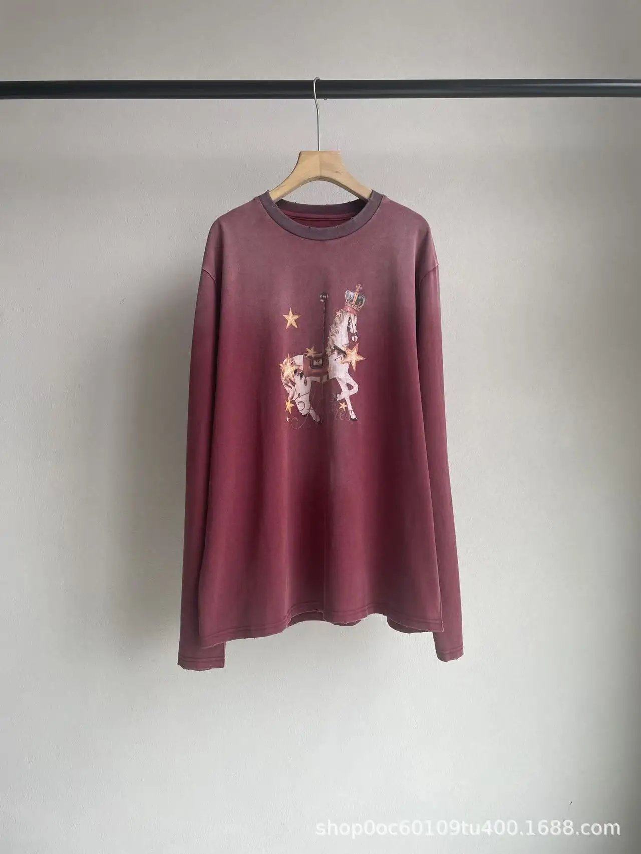 Designer Brand Early Spring Vintage Casual Star White Horse Print Loose Versatile Gradient Color Long Sleeve T-Shirt