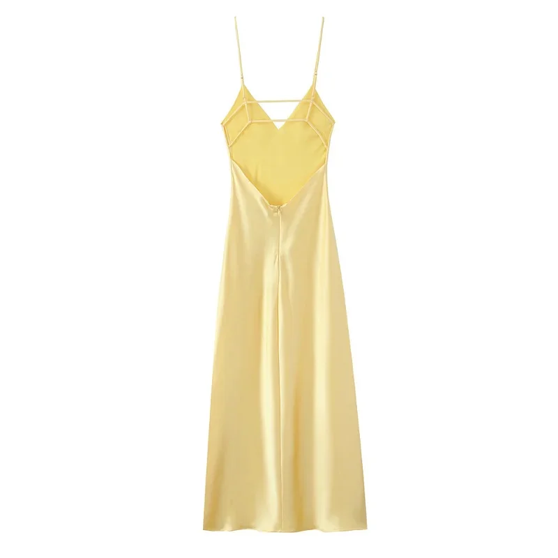 Mulheres elegantes amarelo cetim estilingue vestidos longos sexy decote em v sem costas sem mangas cintura alta robes chique senhora vestidos de festa à noite
