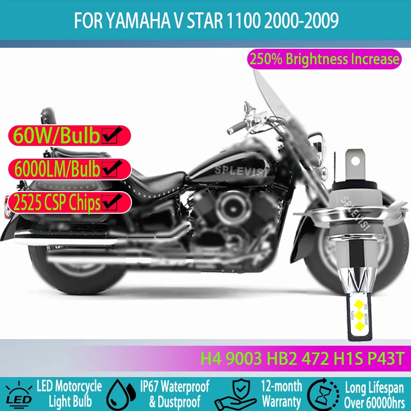 

H4 LED - Improves Visibility for Safer Nighttime Riding For Yamaha V Star 1100 2000 2001 2002 2003 2004 2005 2006 2007 2008 2009