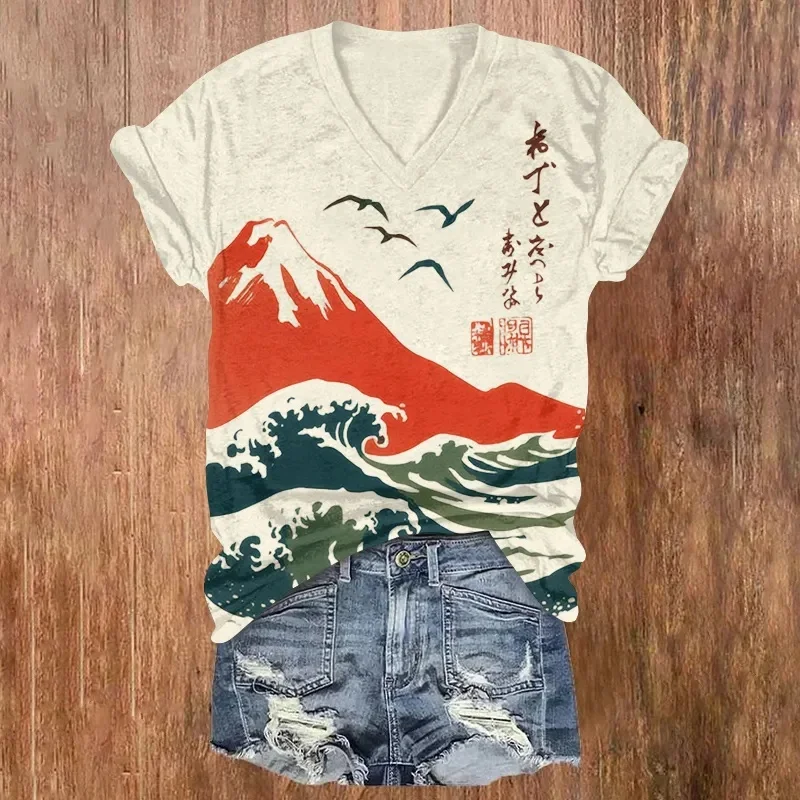 Japanese Art Rooster Print Short Sleeved V-neck T-shirt Summer Women's T Shirts view 5