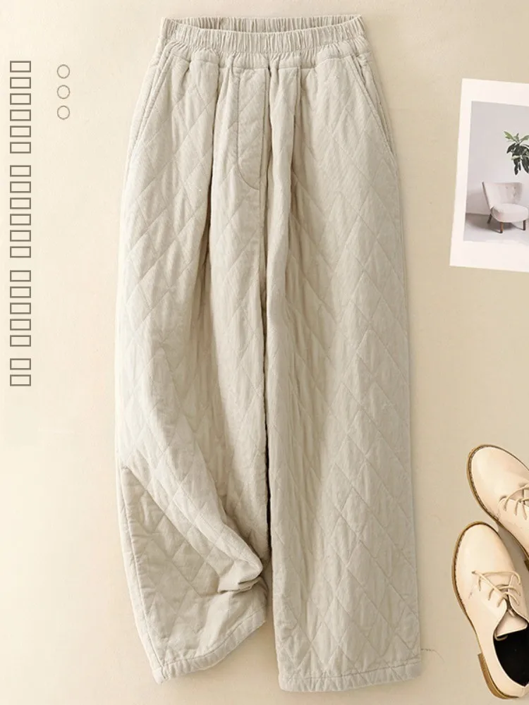 

Женские утепленные вельветовые брюки с высокой талией, длинные, с ромбовидным узором, для отдыха, зимние, премиум-класса, хлопковые