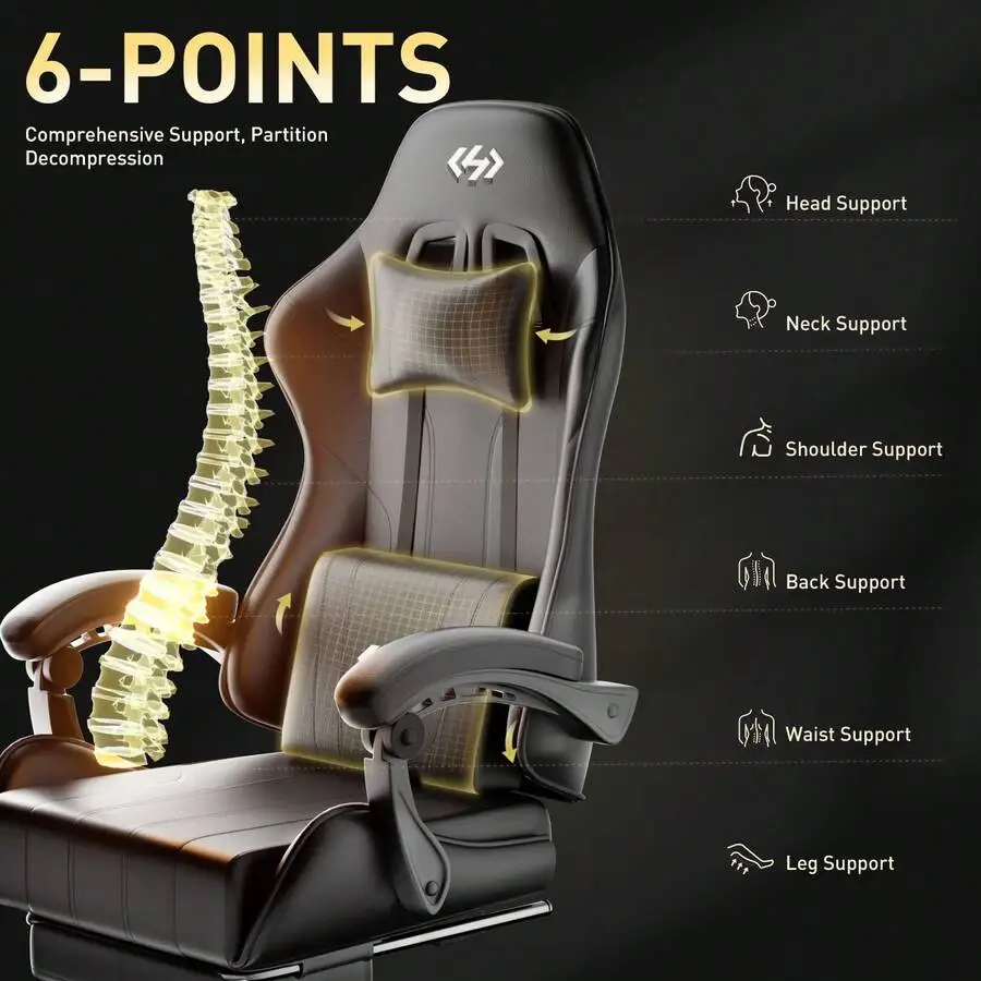 Gaming Chair, Ergonomic Computer Office Chair With Lumbar Support Footrest Headrest, Adjustable Height & Backrest Angle Video Gamer Chair, PU Leather, 360° Swivel, Adult,Black view 6