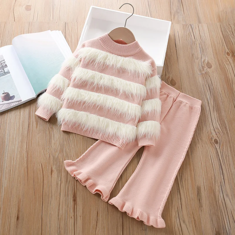 

2024Girls' Autumn and Winter New Korean Fashion Furry Knitted Long-Sleeved Pants Sweater Suit