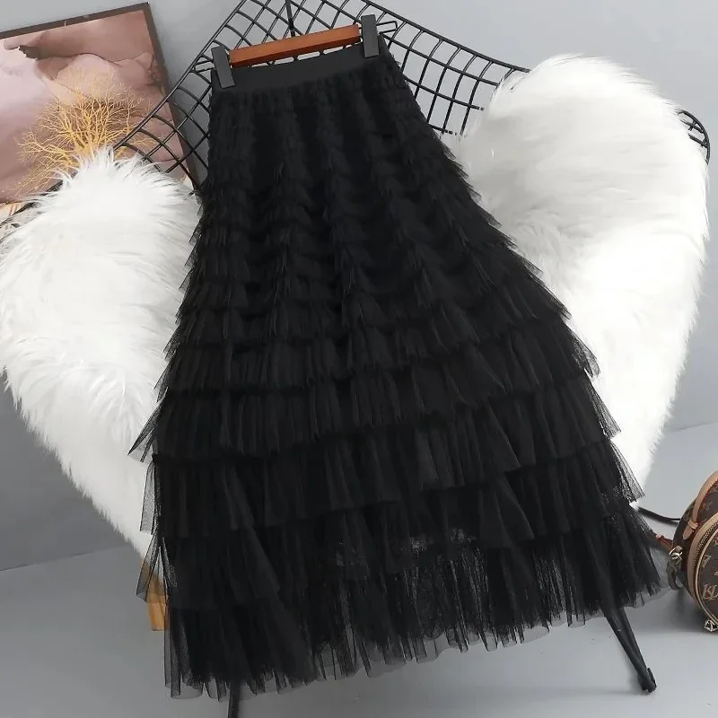 New Fashion White Long Tulle Skirts Women Elegant High Waist A Line Casual Faldas Largas Korean Black Pleated Gown Skirt Pink
