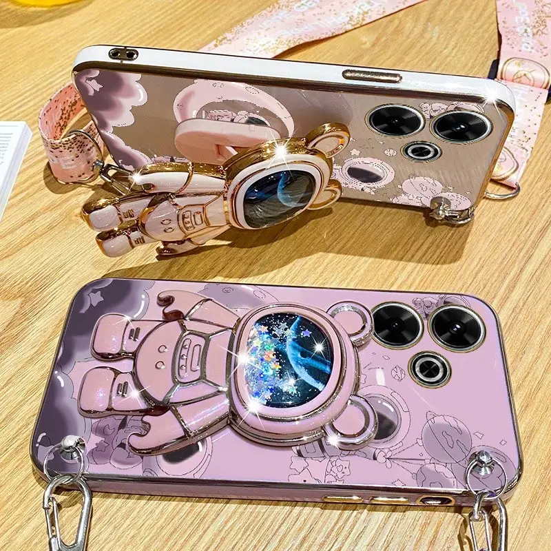 13 Brave Astronaut Holder Lanyard Plating Phone Case For Xiaomi Redmi 13 A3 12C 10 10A 9 9C 9A 9T Turbo3 12 13C Soft Back Cover