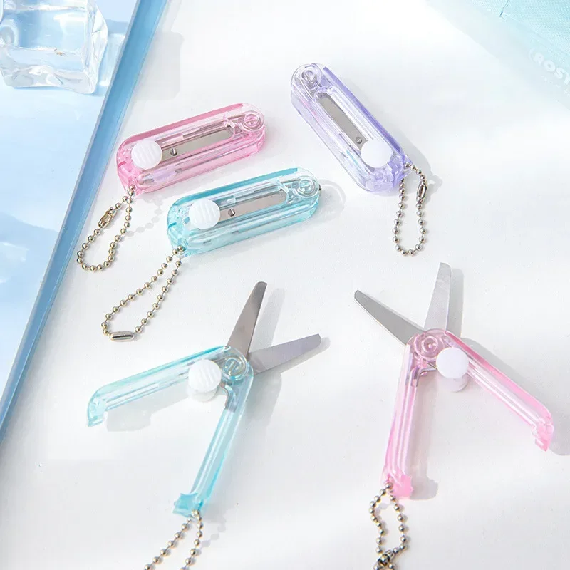 Mini Scissors Small Transparent Candy Color Fold Telescopic Stationery Scissors with Pendant Safety Scrapbook Scissors Student