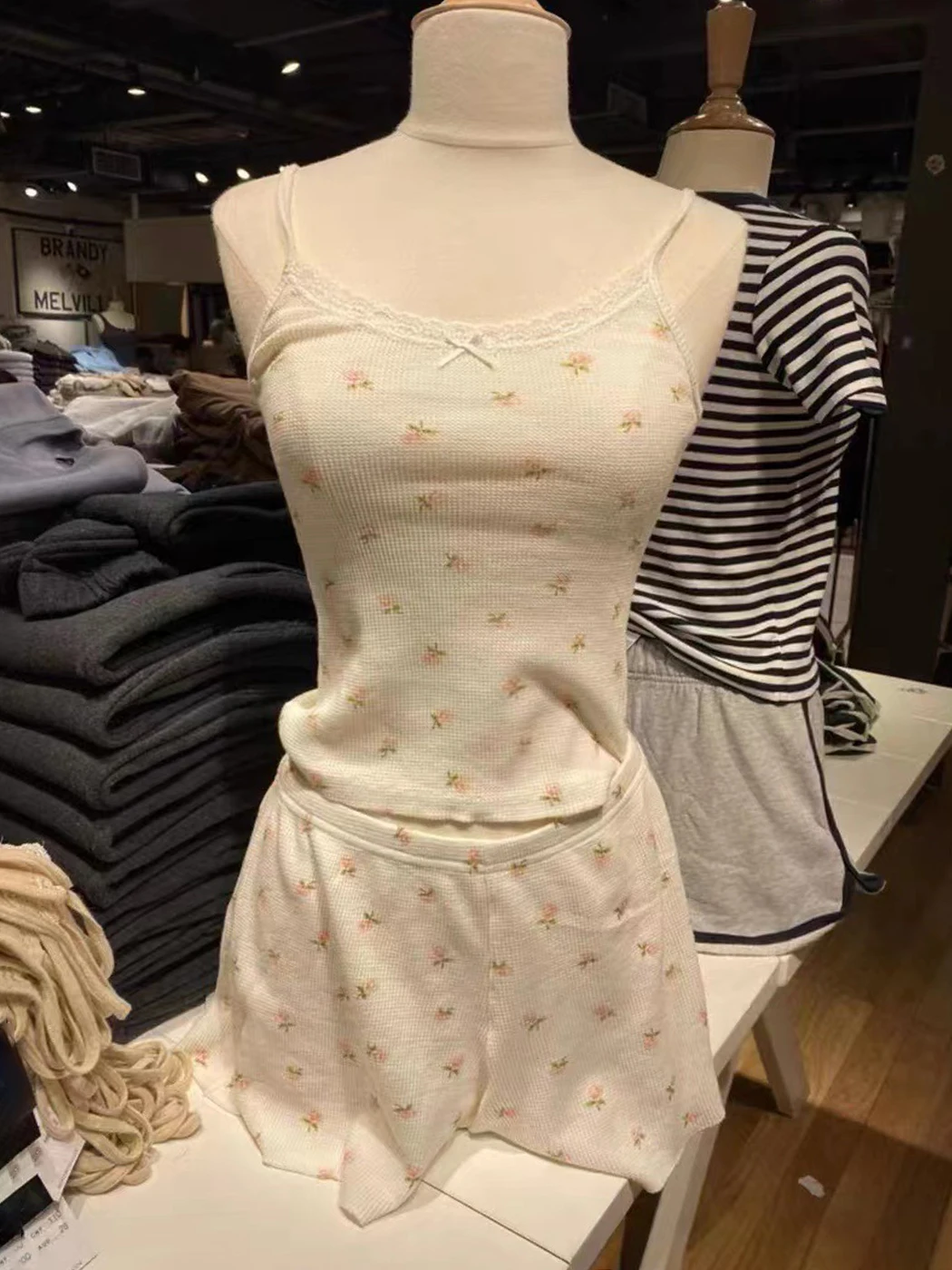 Floral Sweet Camis Shorts 2 Pieces Sets Women Summer Cute Crop Top Waffle Shorts Two Piece Set Girls Y2K Soft Home Pajama 2025