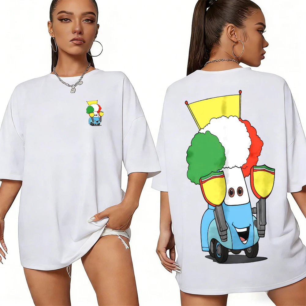 

Летняя гоночная машина Disney, синий и белый цвет, клоунская машина, простой изображение, футболка из 100% хлопка с принтом, мужской повседневный дышащий топ