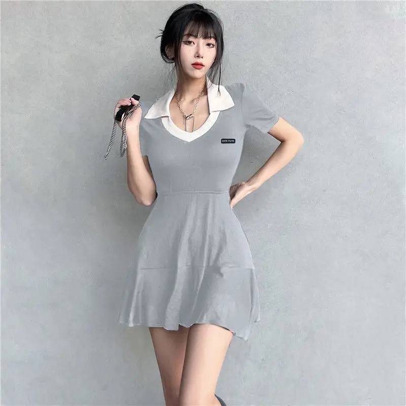 Dress Ruched Summer Women Sweet Comfortable Lady Korean Vintage A-Line Dress Female Cutecore Korean Collared Designer Dress