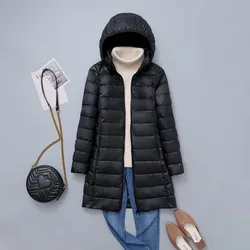 Plus Size Women Long Ultra Light Down Jacket 2024 New Arrivals Autumn Winter Female Hat Detachable Korean Slim Puffer Jackets