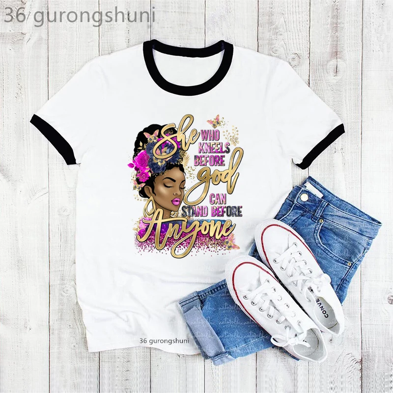 Akwarela czarna dziewczyna magiczny wydruk graficzny koszulki kobiety ona jest silna melanina T Shirt Femme złota brokatowa modny Top Tee Shirt