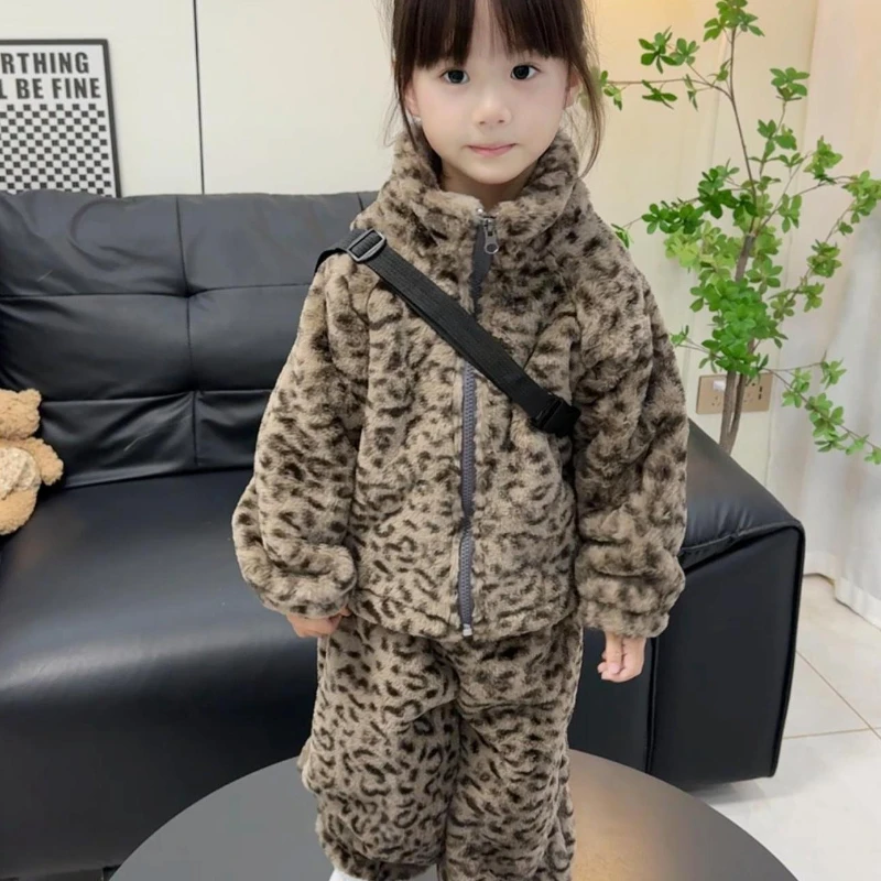 

2025 Winter New Children's Thick Leopard Pattern Imitation Rabbit Hair High Collar Zipper Coat and Pants Two Piece Set
