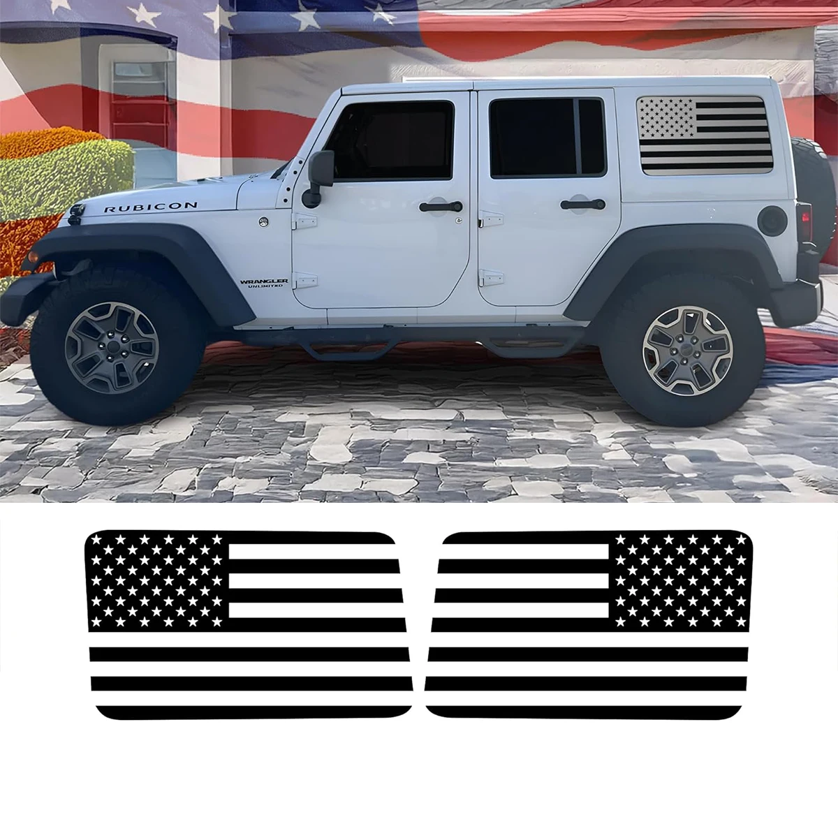 

Precut American Flag Rear Side Window Decals Compatible with and Fits 4 Door Jeep Wrangler JKU 2011-2018, Distress Matte Black