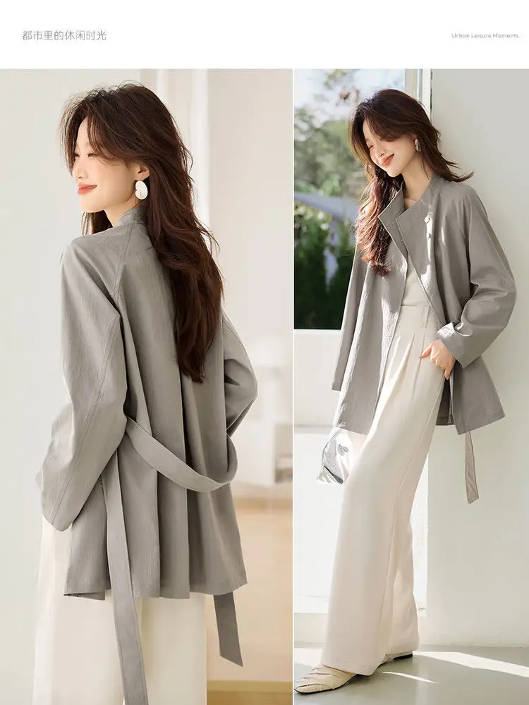 

Trenchcoat Coats Woman Elegant Clean Coffee Slit French Mid-Long Topcoat Wool Pure Long-Sleeved Length Coatsolid Folds Plus-Size