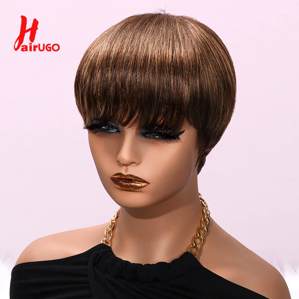 Wig Pixcut sorot Pixie Cut Wig rambut manusia untuk wanita Peruvian Non-Remy mesin penuh dibuat Wig lurus tanpa lem HairUGo