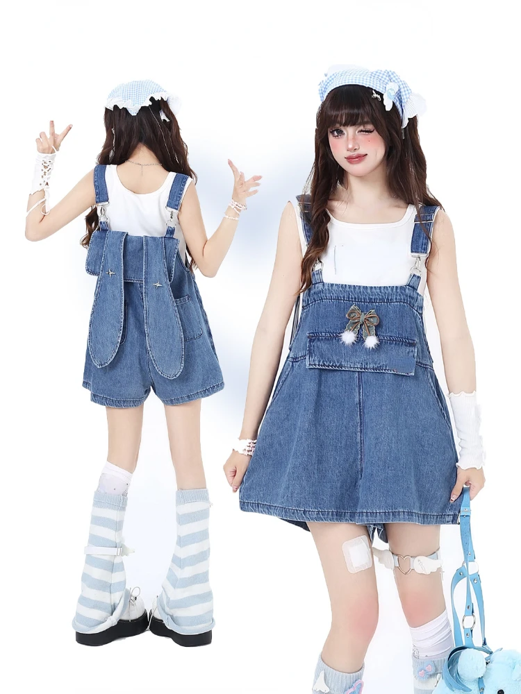 Japanese Style Kawaii Jean Strap Shorts Women 2000s Vintage Y2k Clothing Denim Shorts Cute Girl Loose Strap Wide Leg Overalls