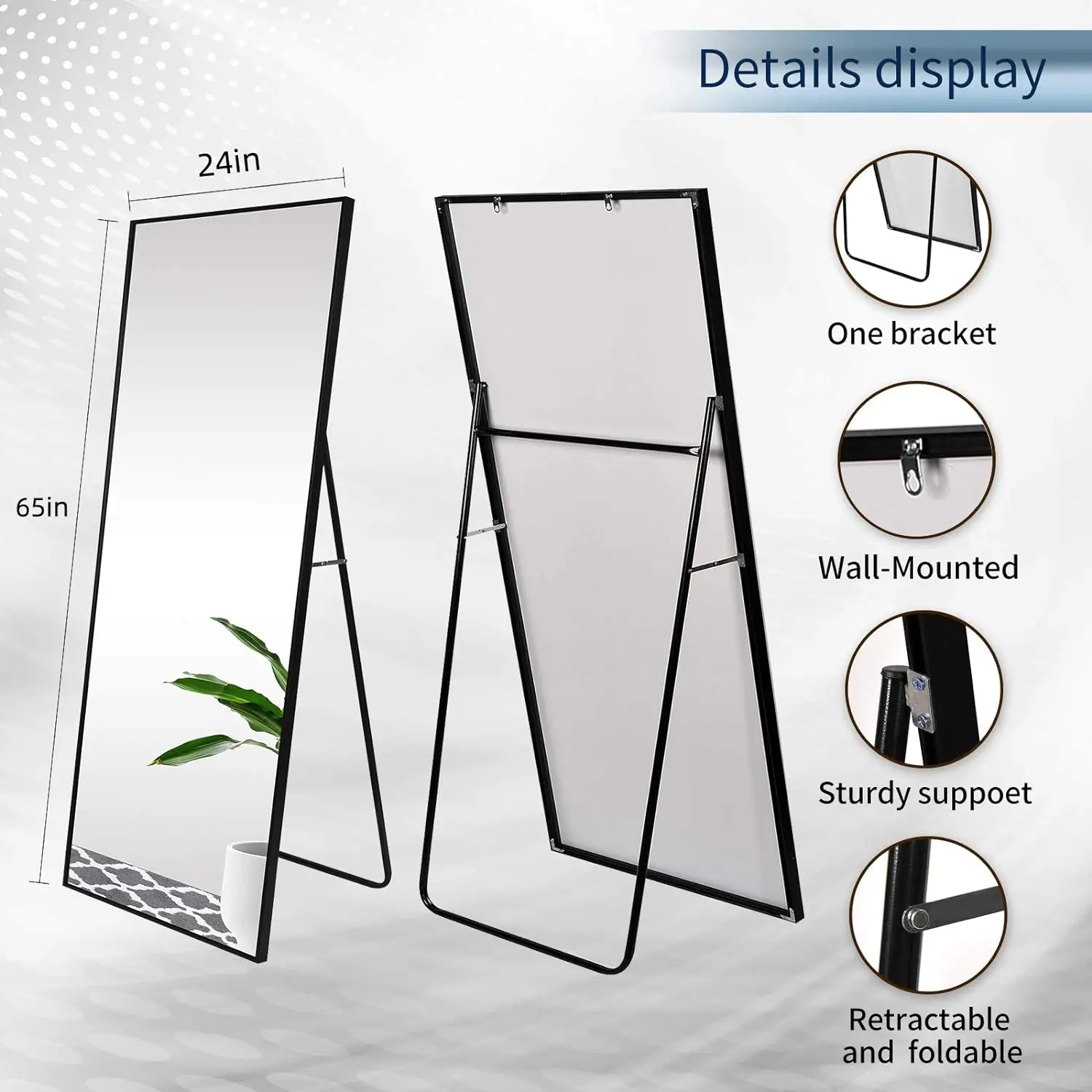 CONGUILIAO 65" × 24"Body Mirror, Standing Hanging or Leaning, Wall-Mounted Dressing Mirror, Aluminum Alloy Frame, Black