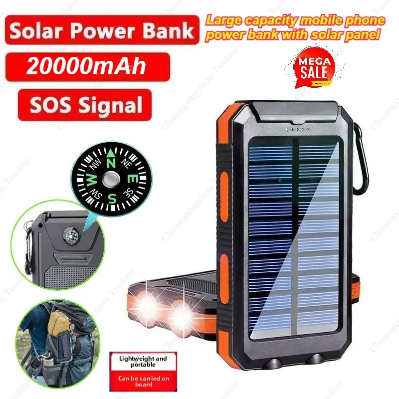

20000mAh solar power bank, solar power bank IPX6, with dual LED lights, emergency backup battery for camping travel SOS signal