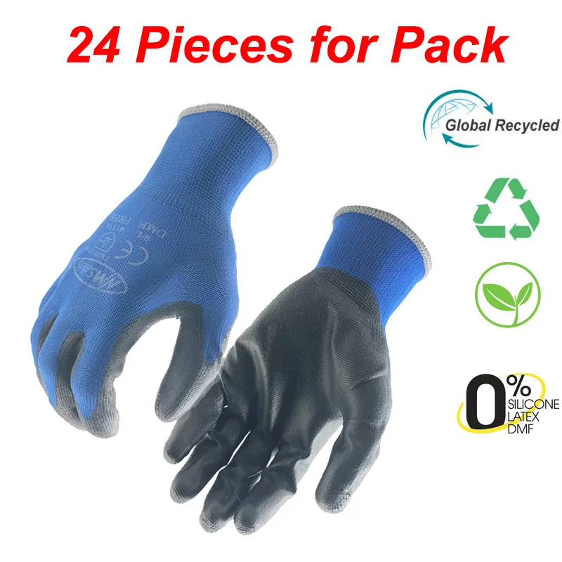 24 Pieces/12 Pairs Knitted Nylon Cotton Coated PU Palm Safety Work Gloves Man Mechanic Protective Gloves Workplace