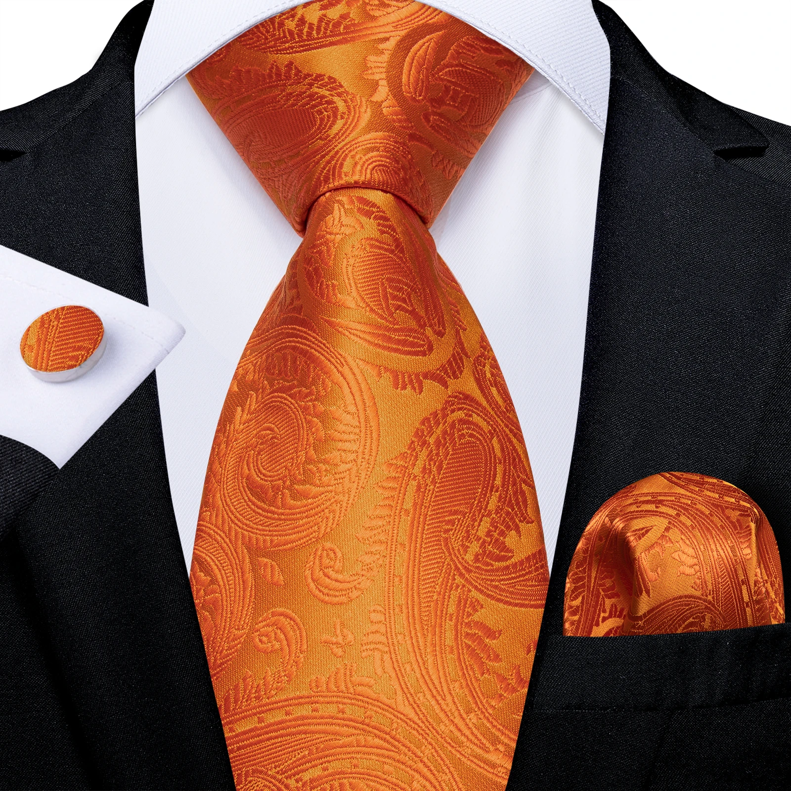 Luxury Orange Paisley Solid Luxury Silk Ties for Men with Handkerchief Cufflinks Tie Tack Chain Business Party Accessories Gift