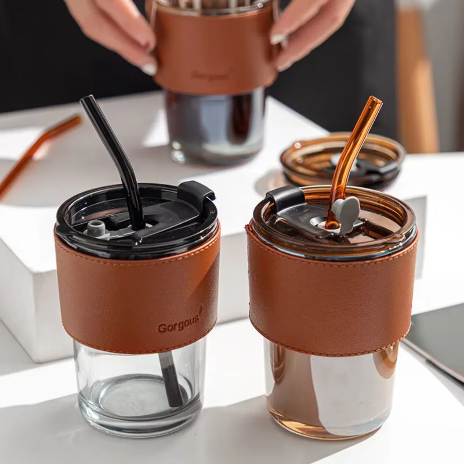 

Reusable milk tea cup Coffee Glass Cup glass cup with lid and straw
