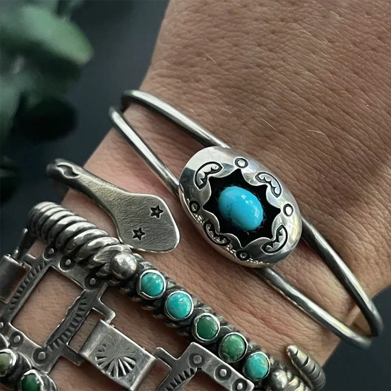 Tibetan Ethnic Oval Natural Blue Stone Bangle Bracelet For Women Accessories Double Layer Bangles Jewelry