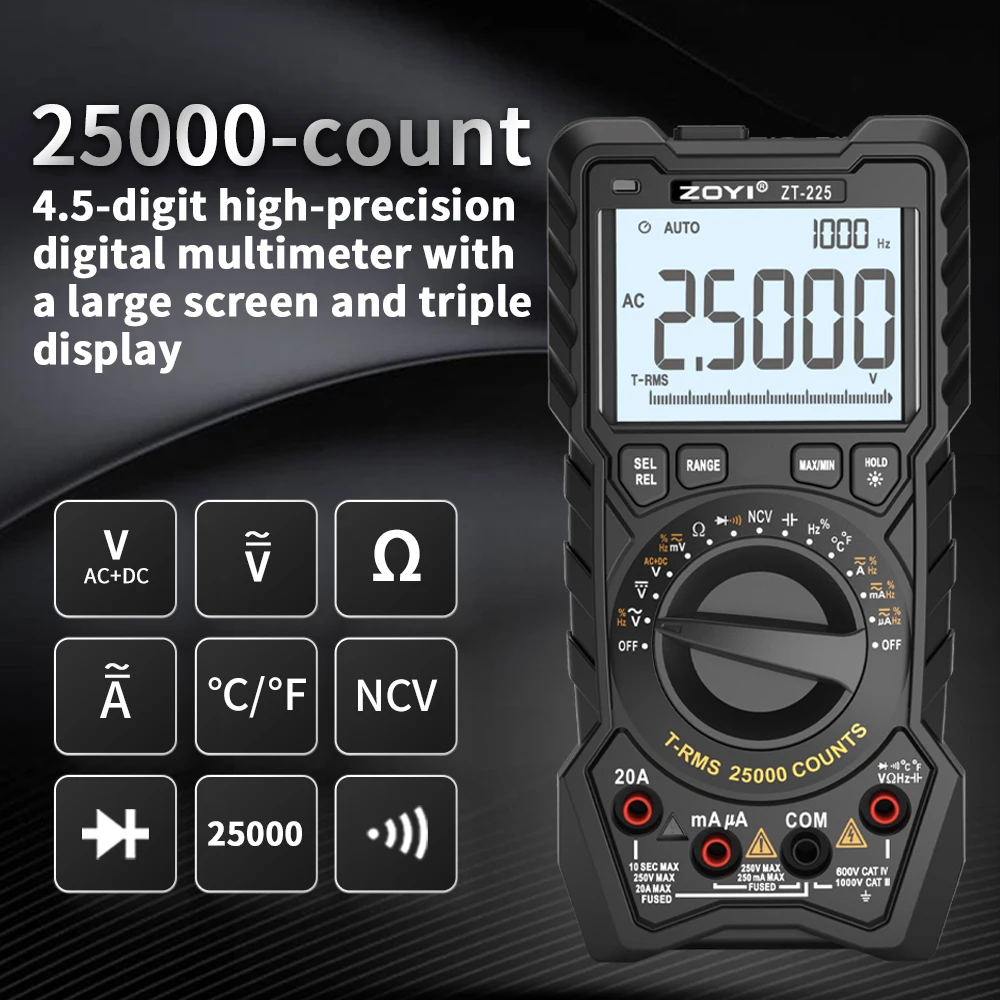 ZOYI 225 high precision digital automatic multimeter electrical maintenance intelligent anti-burn high digital display