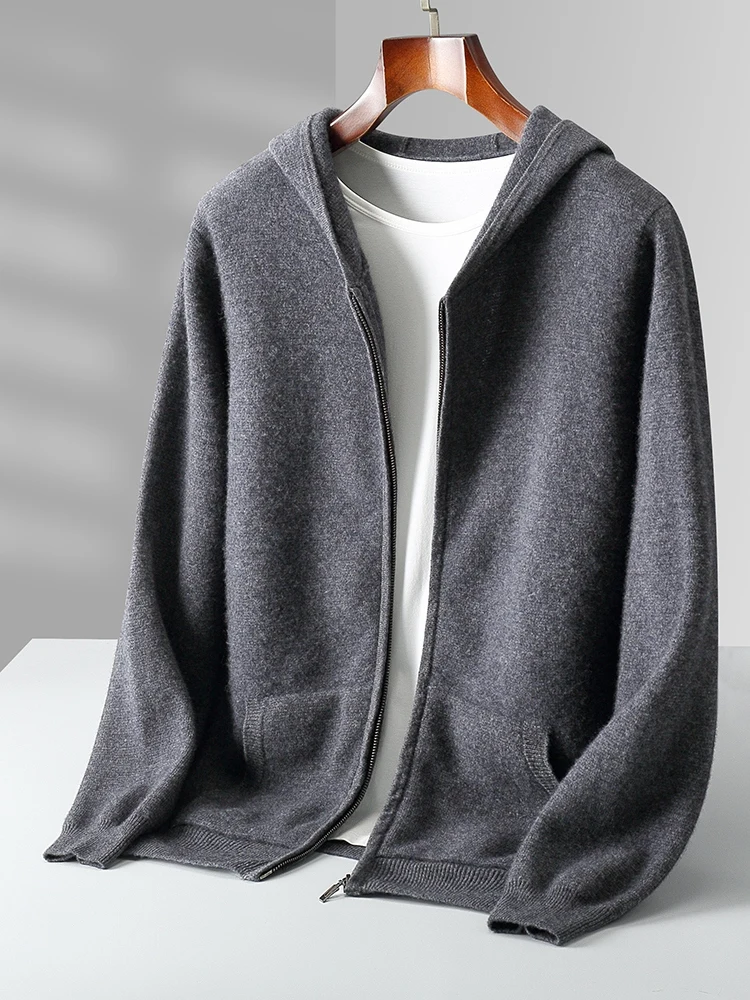 Luxury Men 100% Merino Wool Hooded Cardigan Zipper Hoodie Sweater Soft Warm Cashmere Knitwear Autumn Winter Smart Casual Coat