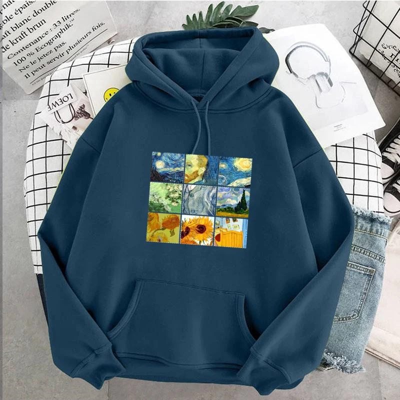 Van Gogh Oil Painting women hoodies oversized  Pullover Thick Loose clothes Fleece Hot Harajuku Contrast Color Sweatshirt Female