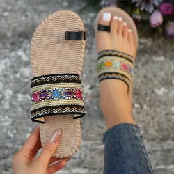 Kapcie damskie sandały letni grecki styl Boho folk-niestandardowe damskie płaskie buty oddychające wygodne plażowe kapcie damskie slajdy