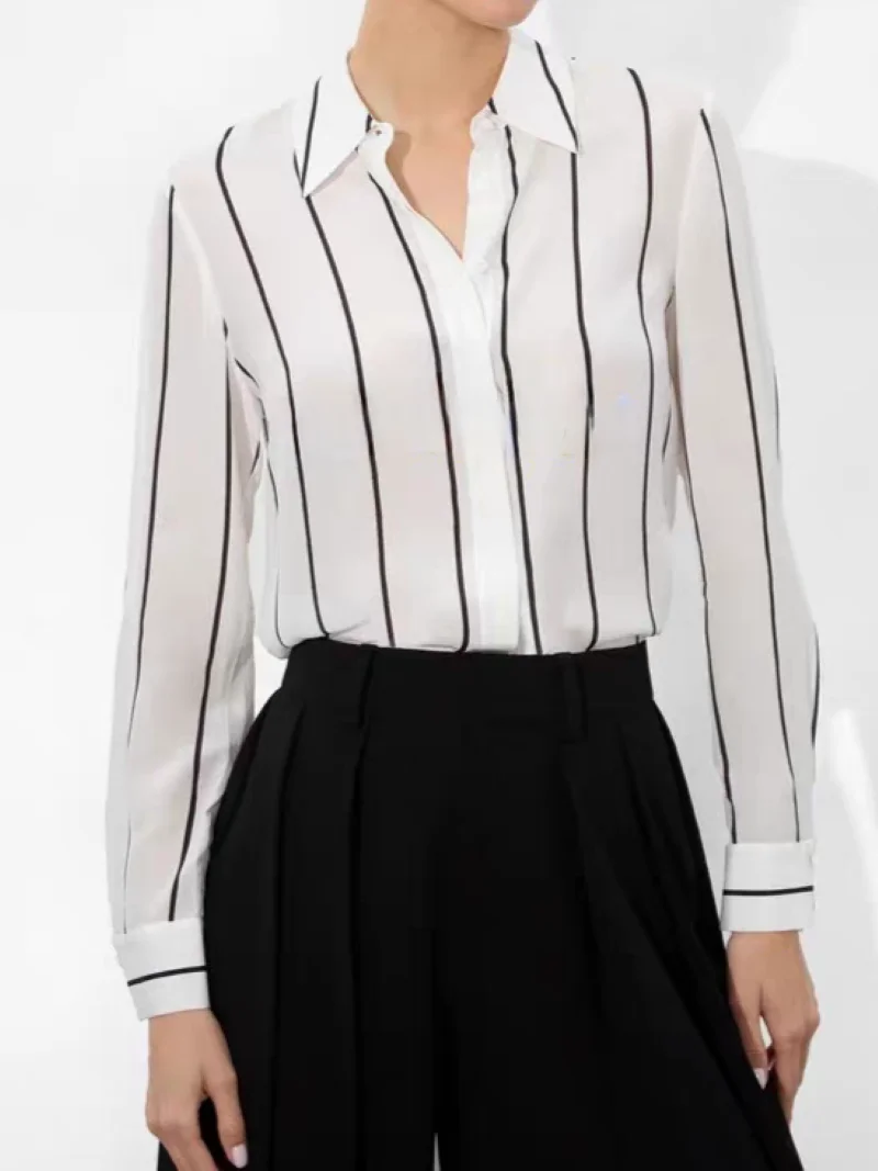 

Women's 100% Silk Striped Shirt Turn-down Collar Long Sleeve Single Breasted Casual Female Blouse Top