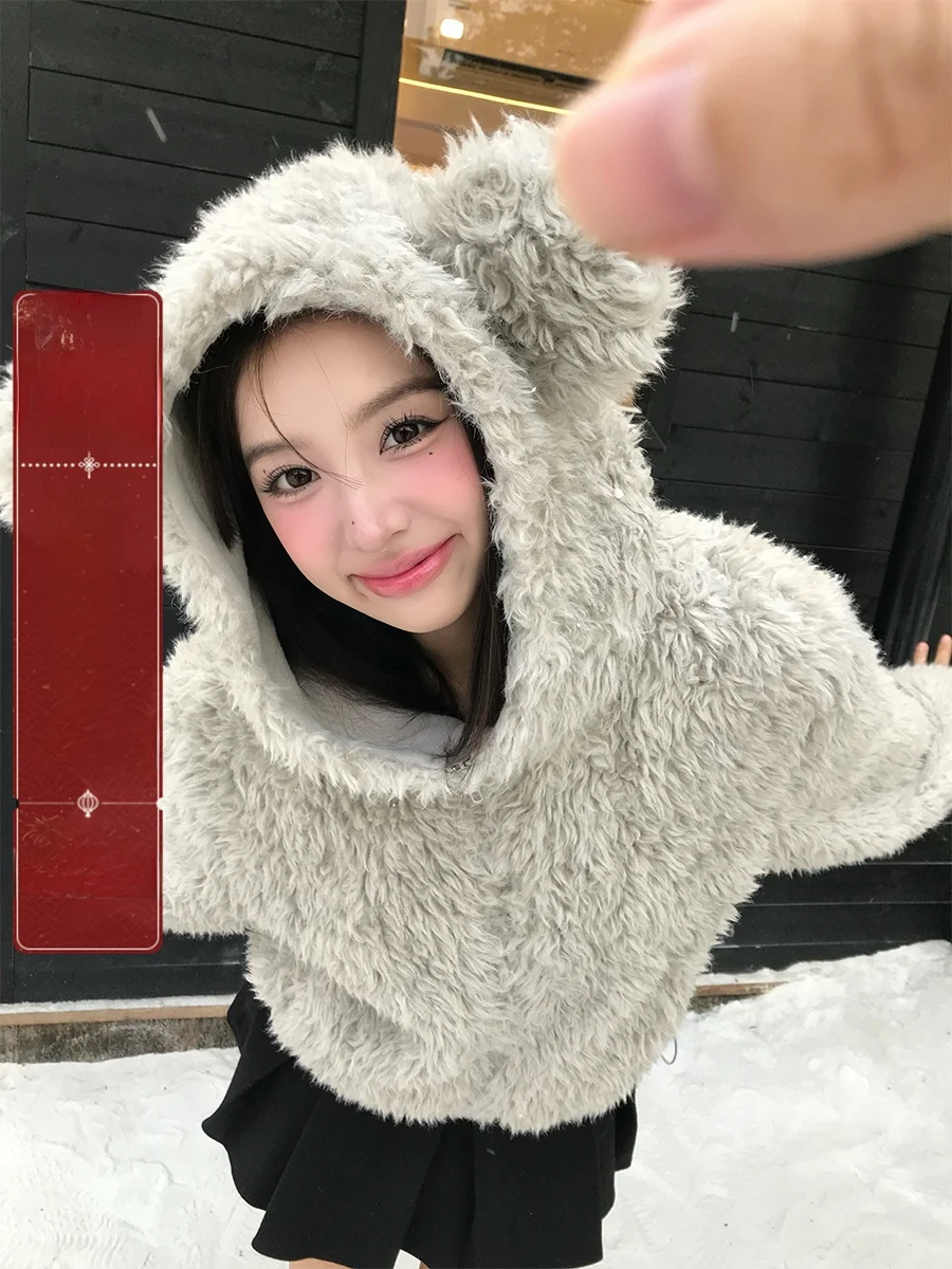 

Женская теплая куртка из искусственного меха с 3D-ушками медведя и капюшоном, свободного кроя, из полиэстера, для повседневной носки