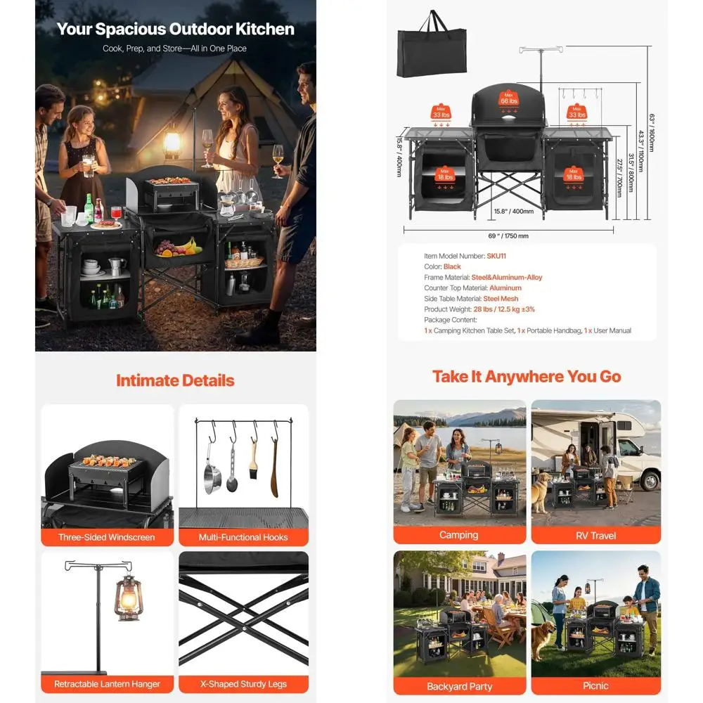 

Кухонный стол для кемпинга, стол для приготовления пищи на открытом воздухе, алюминиевая портативная кухонная станция с 3-мя шкафами для хранения, сумка для переноски, Detacha