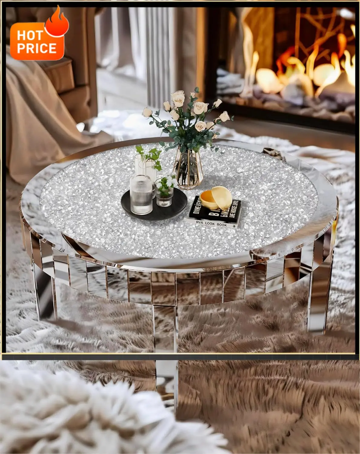 

BestsellerRound Mirrored Coffee Table: 31.5 inches Large Decorative Bling Crushed Diamond Tabletop with Silver Mirror Crystal Ed